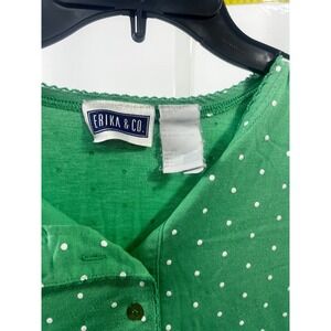 Erika & Co Womens Green Polka Dot Pointelle Knit Button Up Short Sleeve Top XL